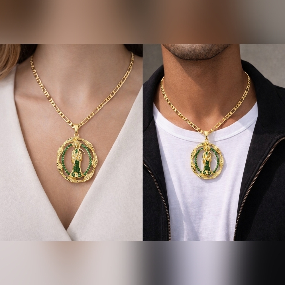 Santa Muerte Gold Necklace Figaro Chain Green CZ Pendant Unisex